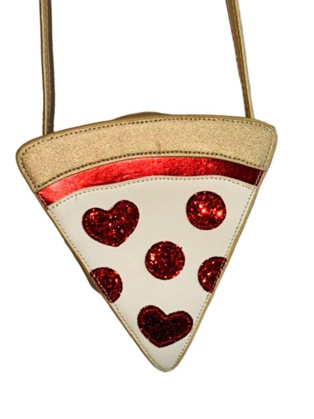 Pizza Slice Novelty Crossbody Purse Gold Red Glitter Heart Pepperoni
